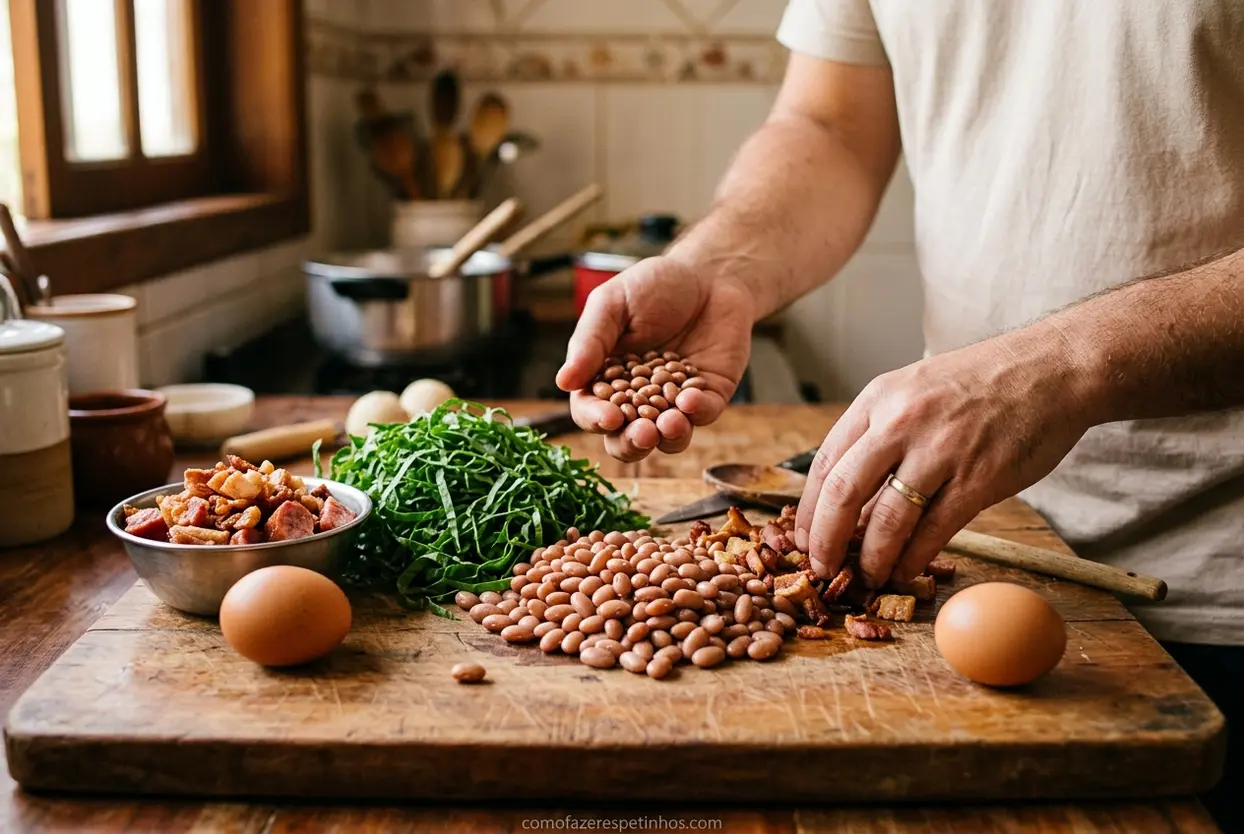 Mãos preparando ingredientes para feijão tropeiro