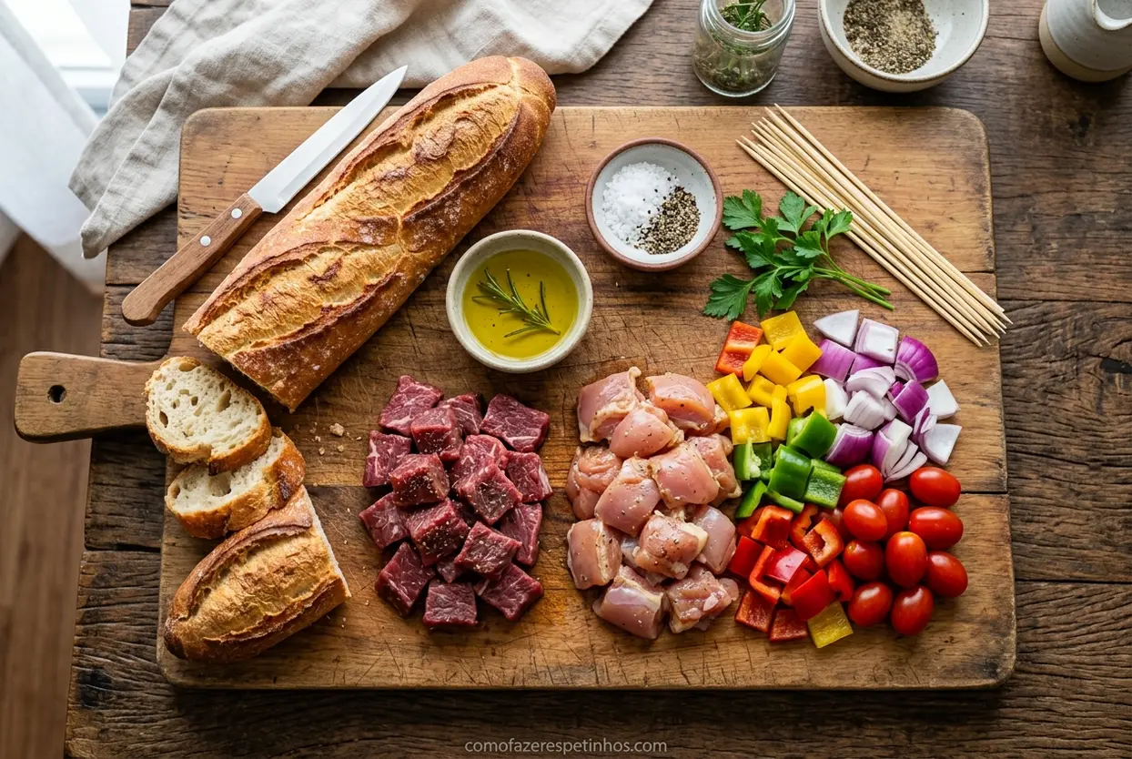 Seleção de carnes e vegetais para espetinhos