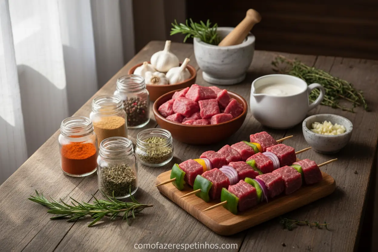Ingredientes frescos para espetinhos de carne