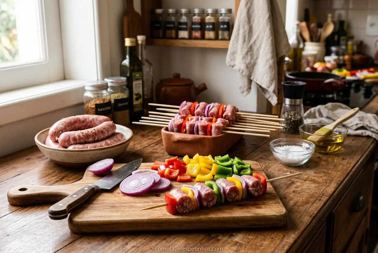 Ingredientes para Espetinho Gaúcho Ingredientes frescos para espetinho de salsichão
