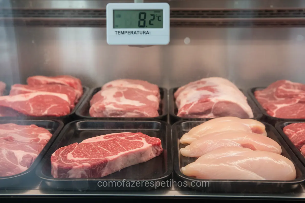 Cortes de carne crua organizados dentro de uma geladeira expositora