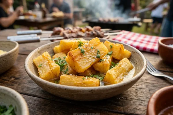 Mandioca frita na manteiga de garrafa em tigela rústica