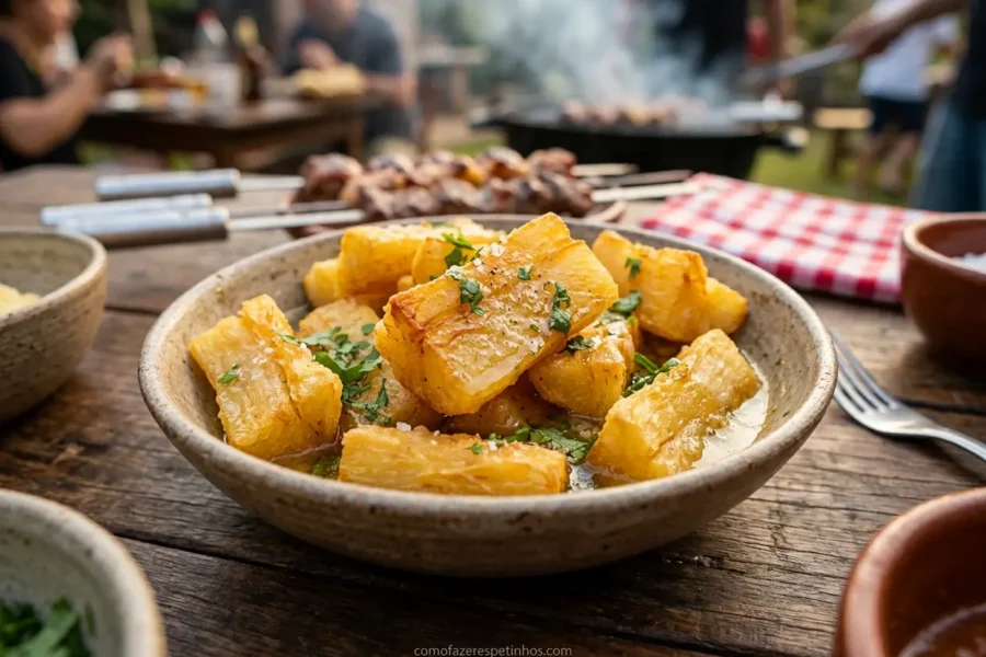 Mandioca frita na manteiga de garrafa em tigela rústica