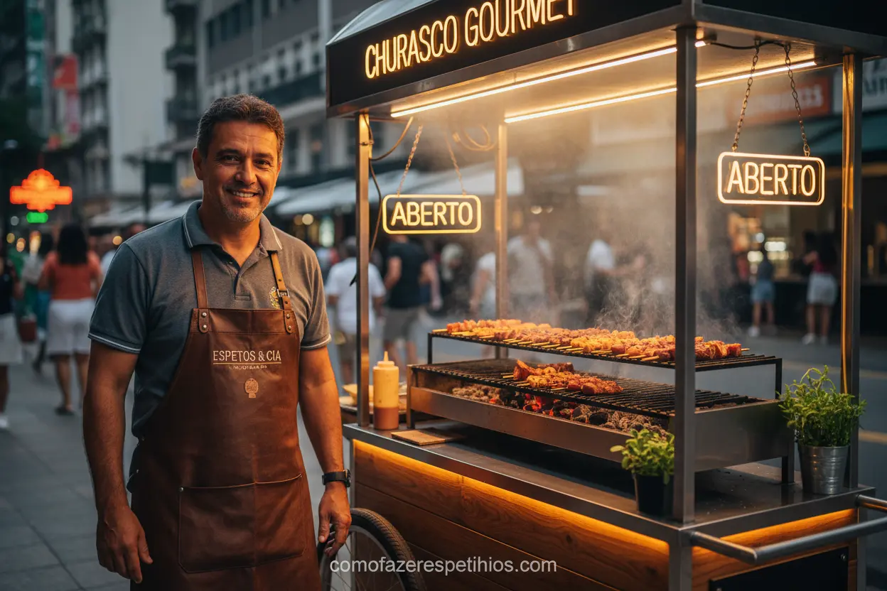 Homem sorrindo em sua franquia de churrasquinho, simbolizando sucesso financeiro.