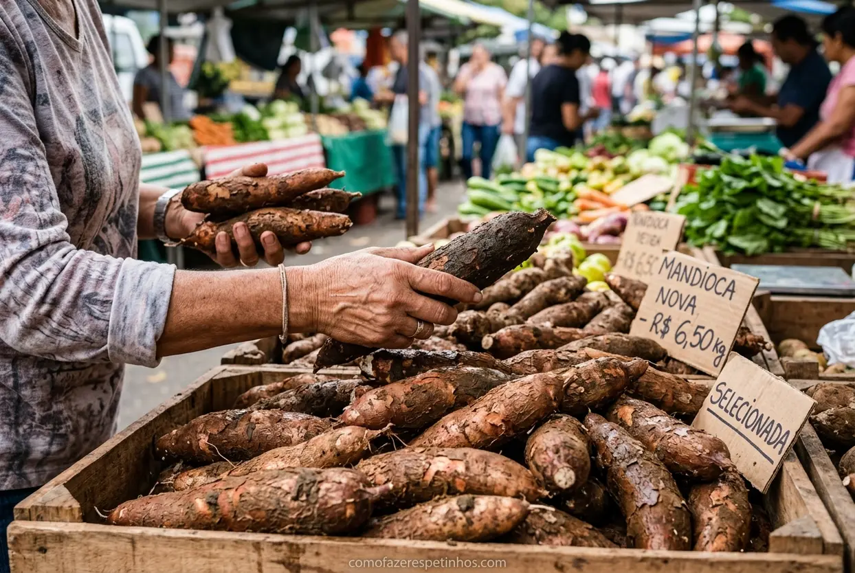 Mãos selecionando mandioca fresca na feira