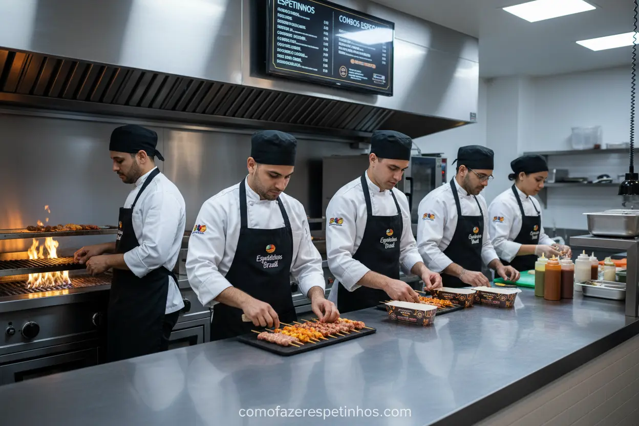 Equipe de franquia de espetinhos trabalhando com eficiência.