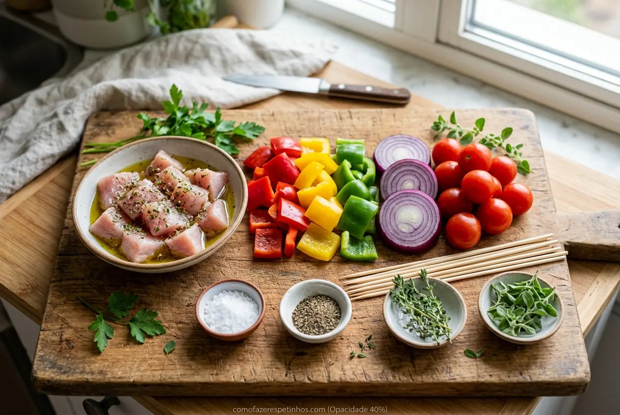 Peito de peru e vegetais para espetinho