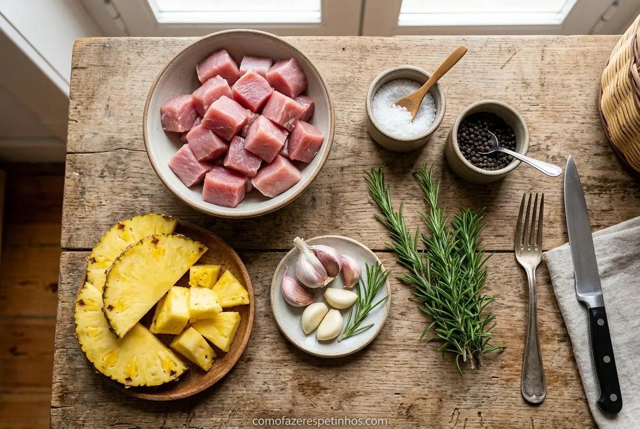 Pernil suíno, abacaxi e temperos frescos