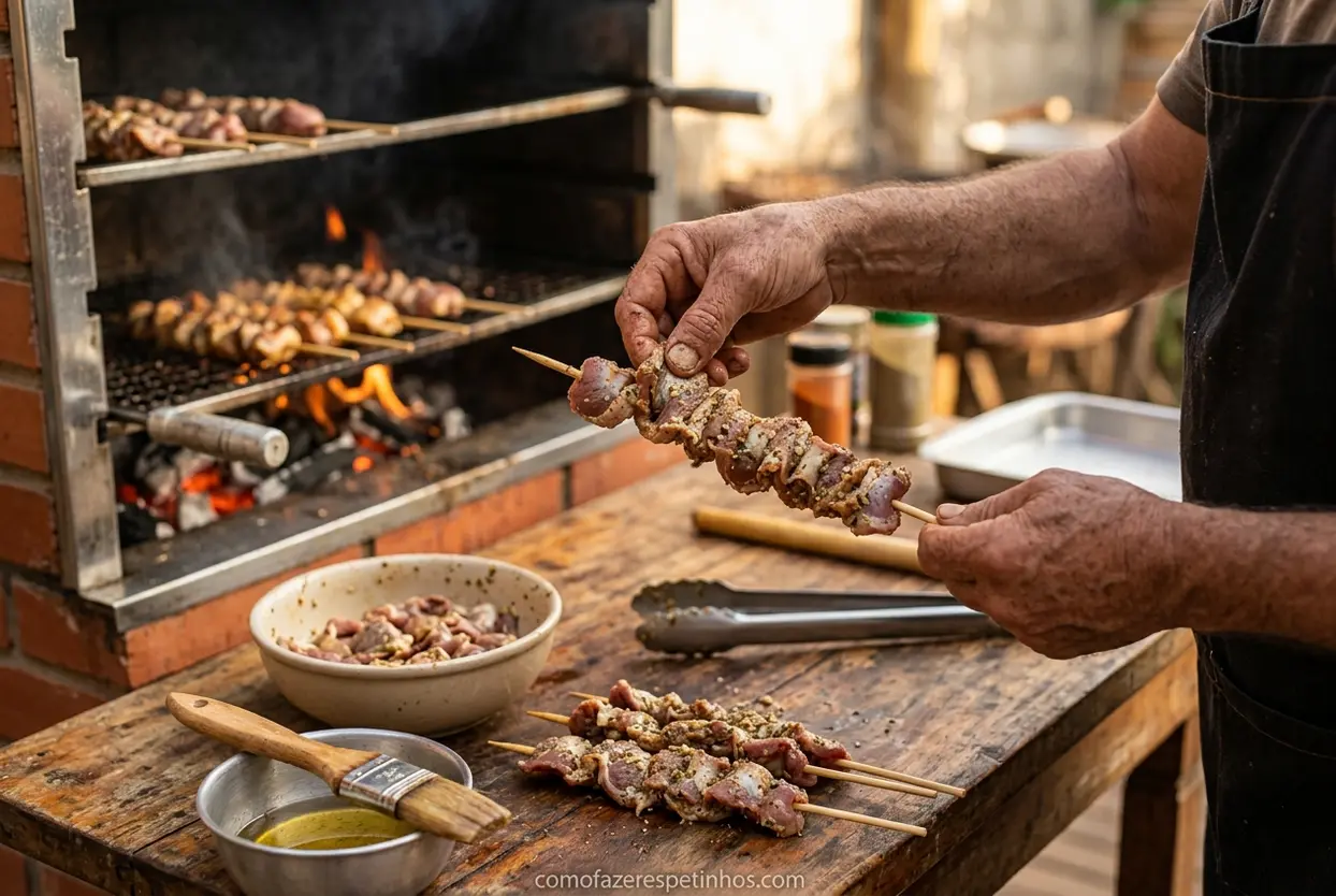 moela de frango macia no espeto sendo assada na brasa média