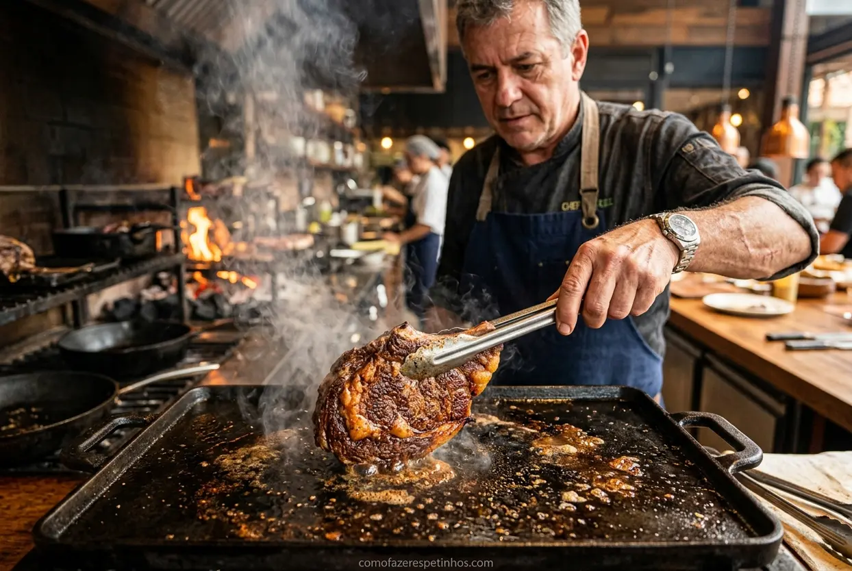 Bife suculento sendo preparado em chapa de ferro