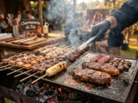 Chapa de ferro para assar carnes em ação