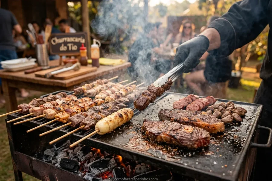 Chapa de ferro para assar carnes em ação