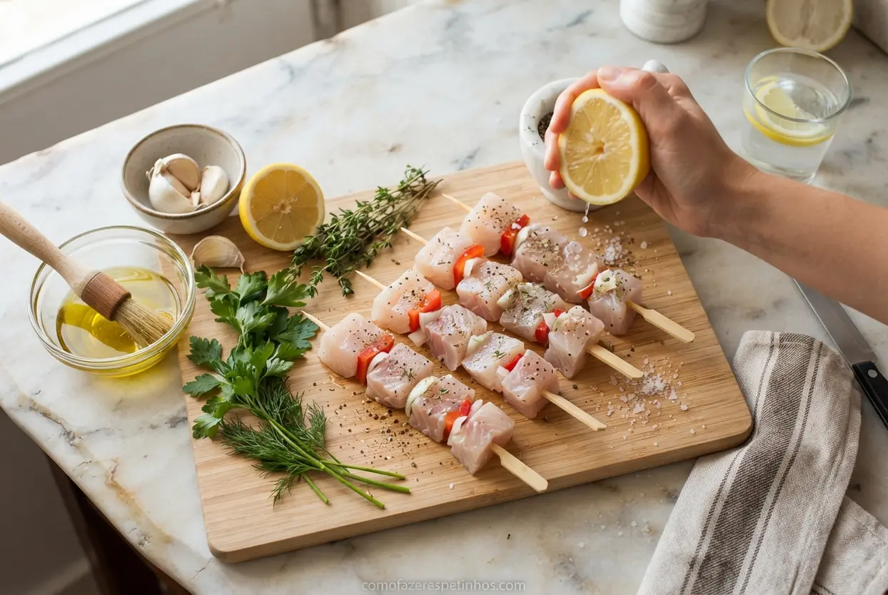 Tempero para espeto de pintado Espetinho de peixe pintado cru sendo temperado com limão e ervas finas.