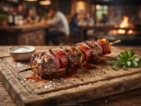 Churrasco de chorizo no palito servido em uma tábua de madeira rústica