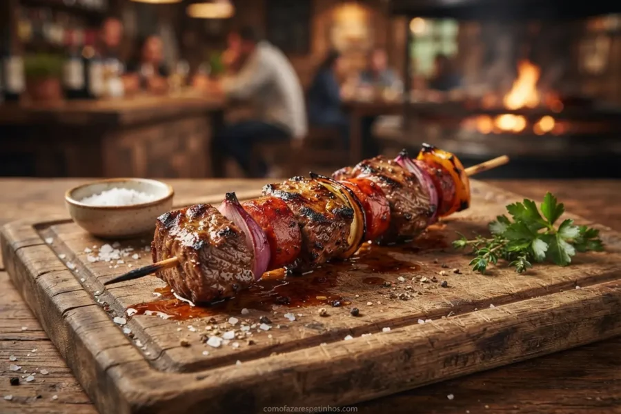 Churrasco de chorizo no palito servido em uma tábua de madeira rústica