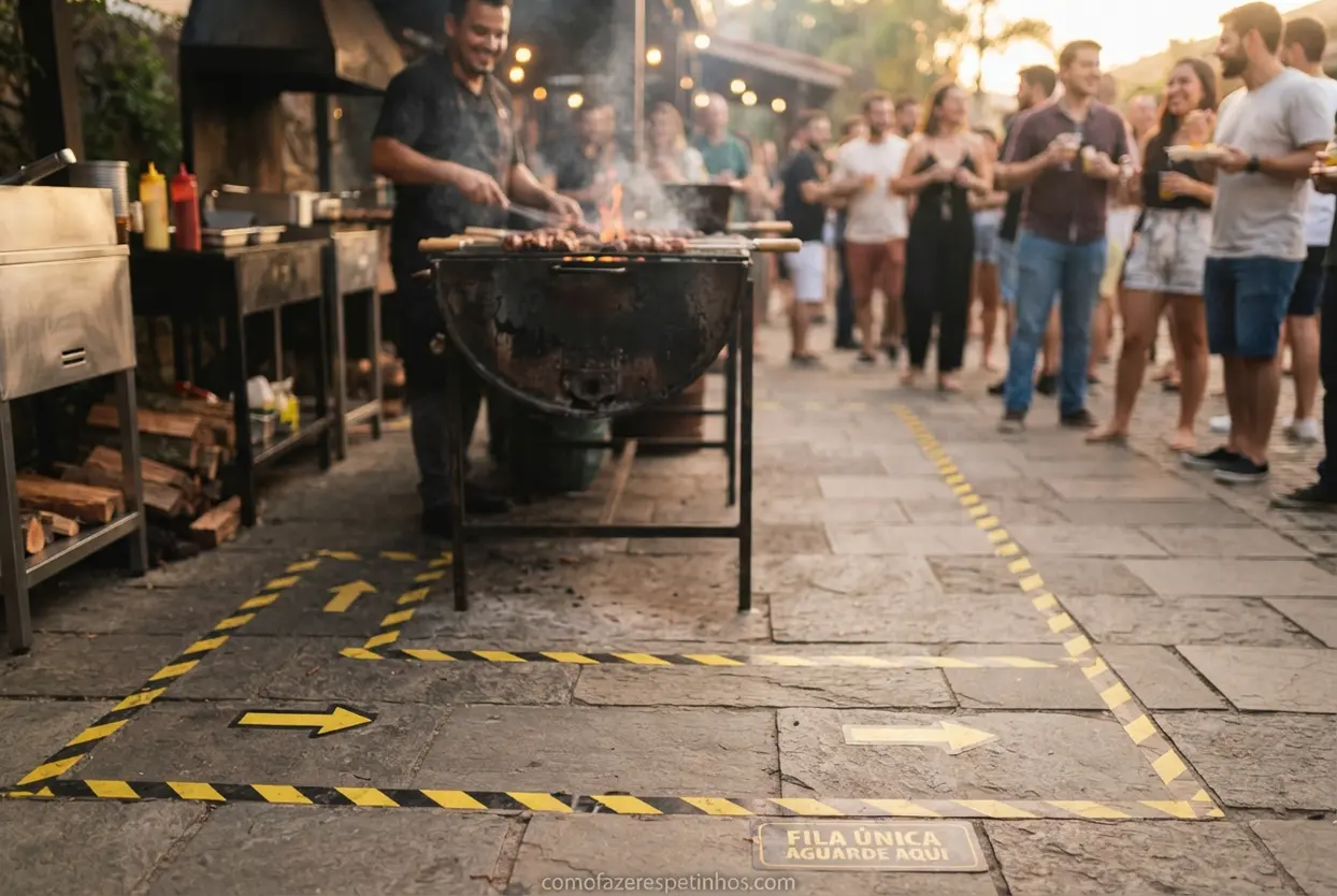 Sinalização de chão para controle de fila de clientes no espetinho.