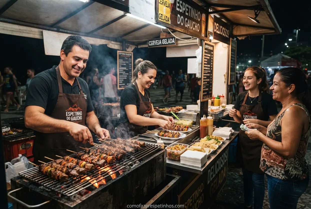 Trabalho em equipe agilizando a entrega de churrasquinhos na fila.