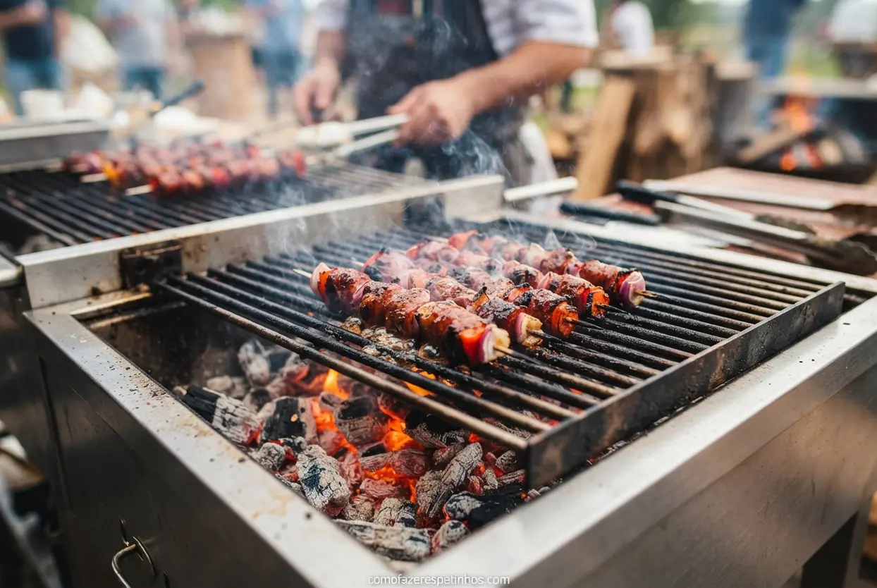 Churrasquinho de chorizo grelhando na churrasqueira sobre o carvão quente