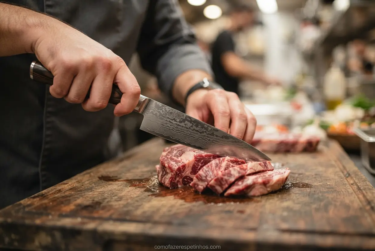 Faca de chef afiada fatiando carne em cima de uma tábua de corte profissional.
