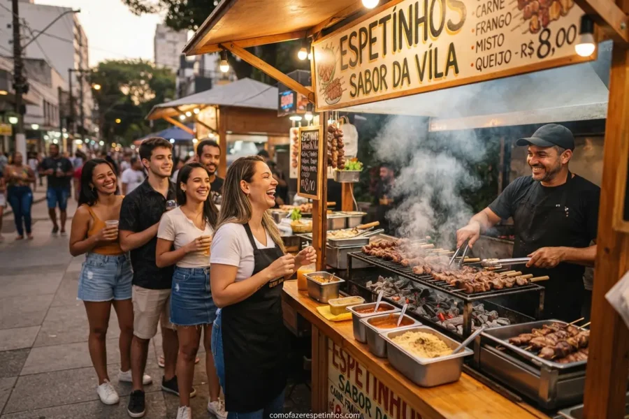 Como organizar fila de clientes em uma barraca de espetinhos de rua movimentada.