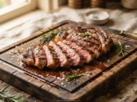 Tábua de corte de madeira rústica com carne grelhada fatiada e sal grosso.