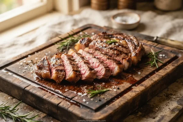 Tábua de corte de madeira rústica com carne grelhada fatiada e sal grosso.