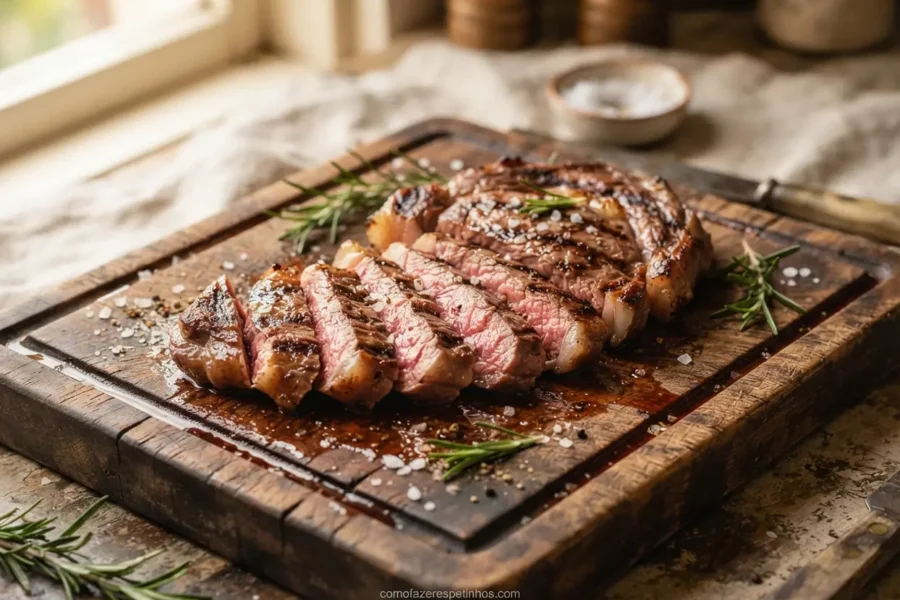 Tábua de corte de madeira rústica com carne grelhada fatiada e sal grosso.