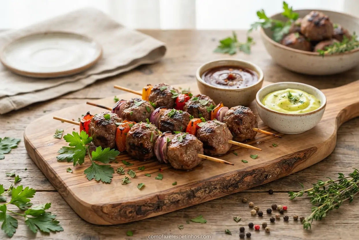 Espetinho de churrasco assado acompanhado de molho barbecue e maionese