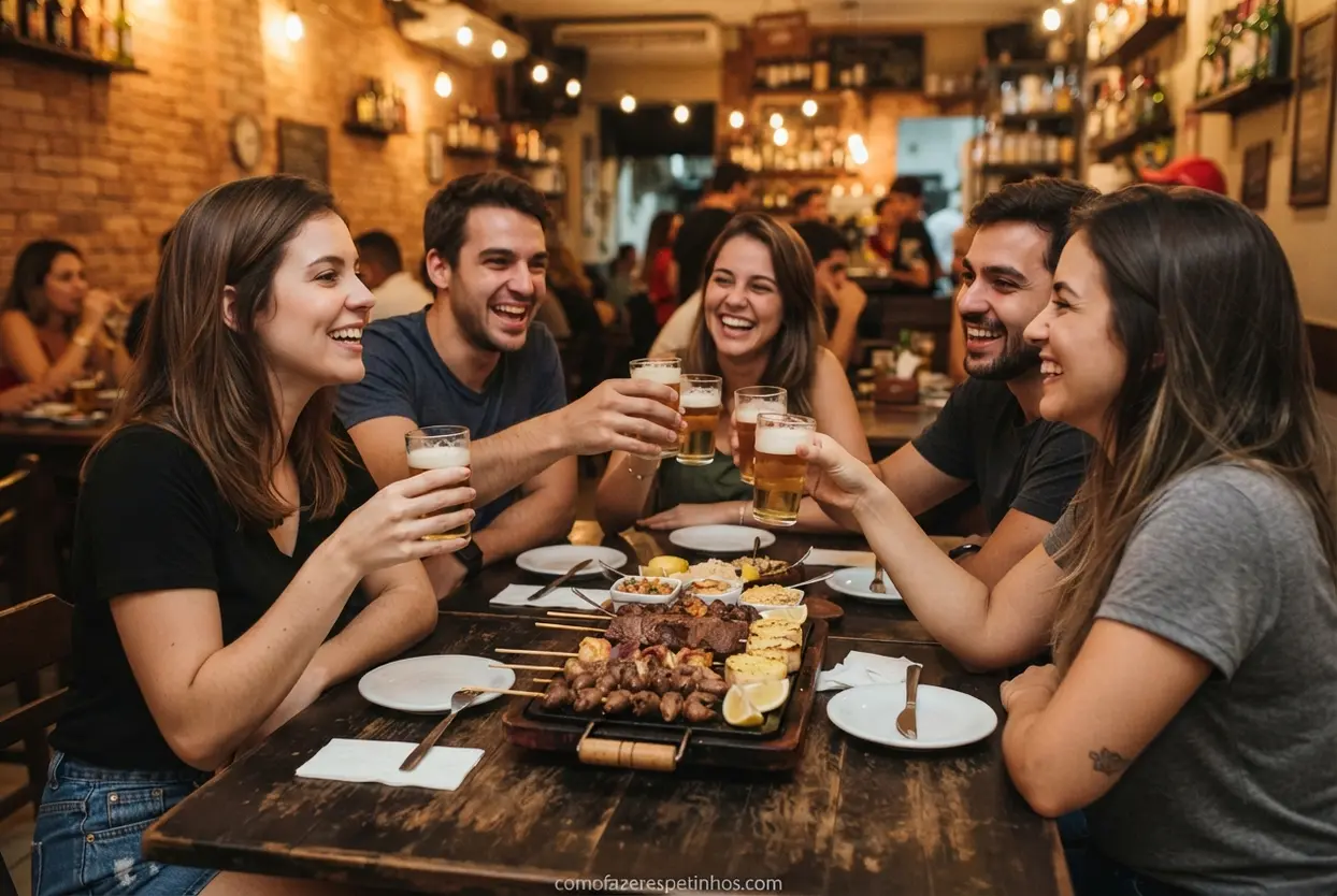 clientes felizes na espetaria Clientes reunidos compartilhando espetinhos e bebidas em um dia temático