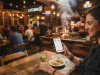 Celular exibindo comanda eletronica para bar e espetaria com espetinhos ao fundo.