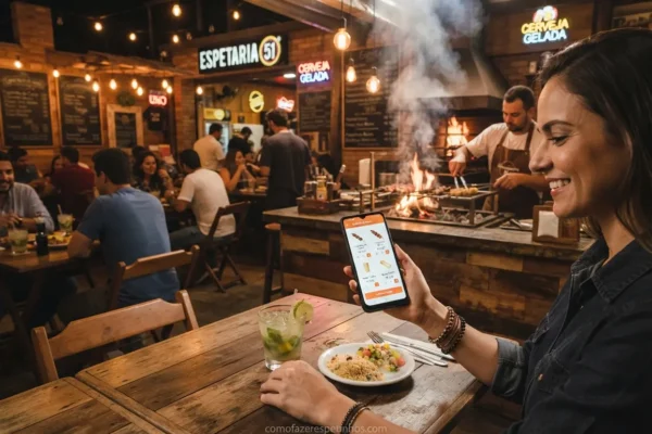 Use a comanda eletronica para bar e espetaria e fature muito mais! 2 Celular exibindo comanda eletronica para bar e espetaria com espetinhos ao fundo.