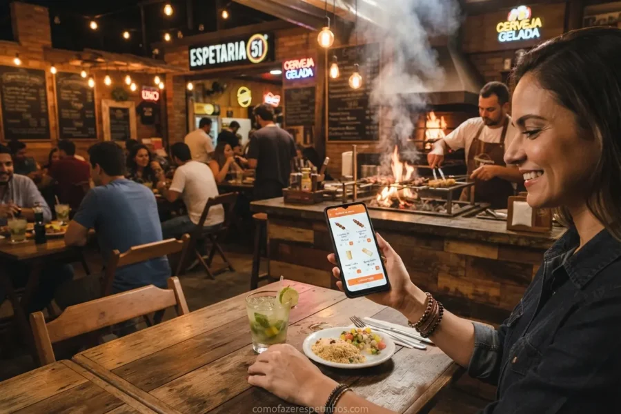 Celular exibindo comanda eletronica para bar e espetaria com espetinhos ao fundo.