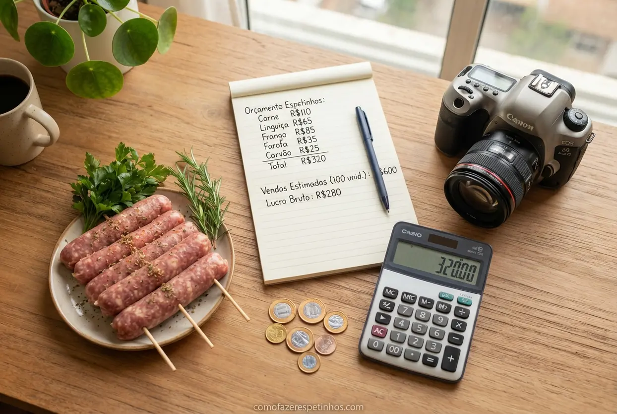 Custos e Lucro calculadora e caderno ao lado de espetinhos prontos