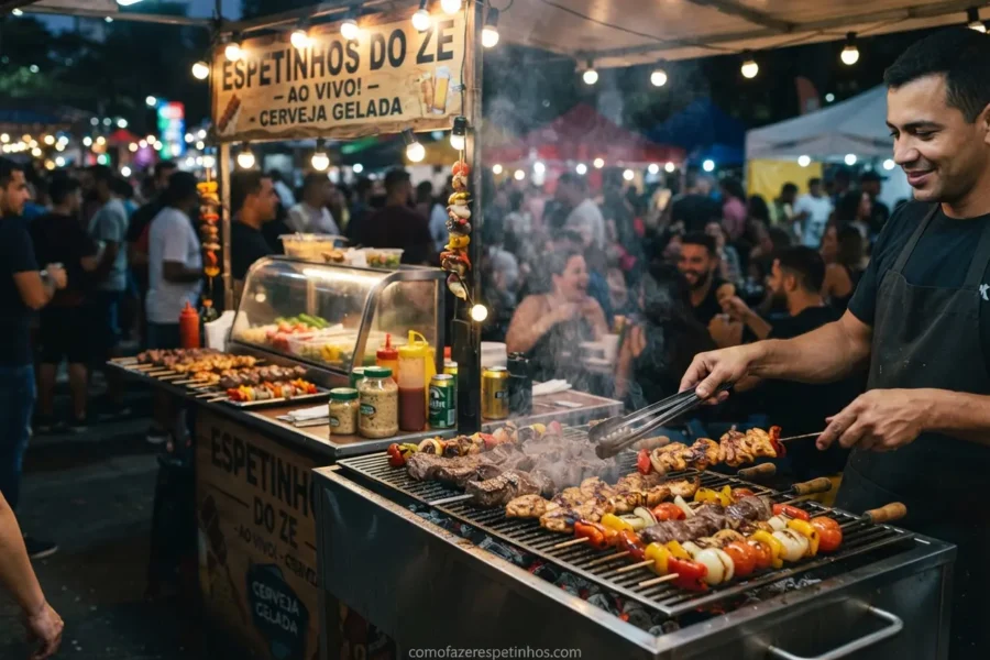Foto realista de uma espetaria de sucesso com espetinhos na grelha