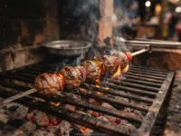 espetinho de almôndega na brasa grelhando com fumaça e fogo