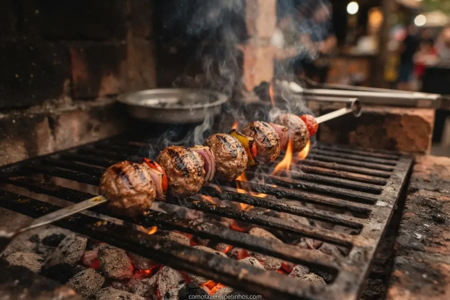 espetinho de almôndega na brasa grelhando com fumaça e fogo