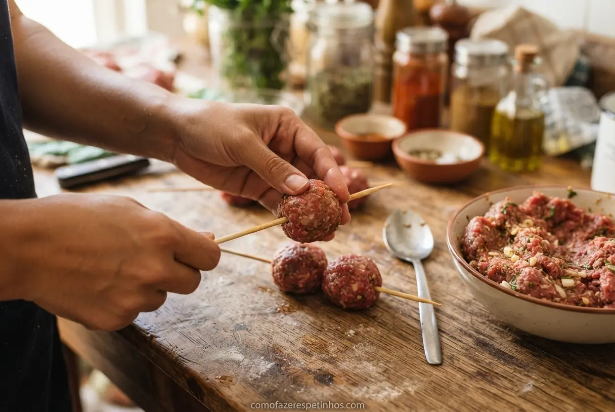 Mãos moldando carne moída no espeto de churrasco