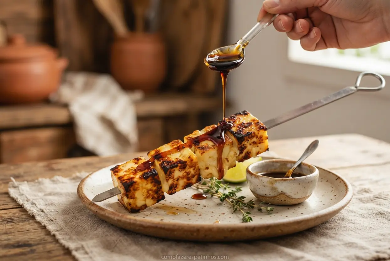 espetinho de queijo grelhado servido com melaço de cana