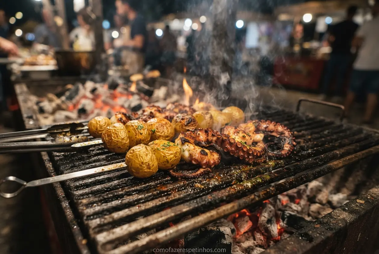 Espetinho de polvo com batata fica macio e suculento na brasa! 1 espetinho de polvo com batata