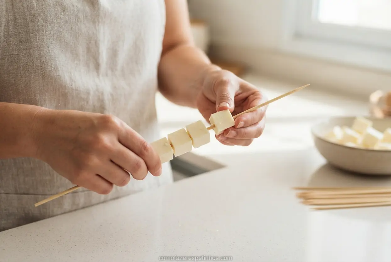 preparando cubos de queijo minas no espeto de madeira